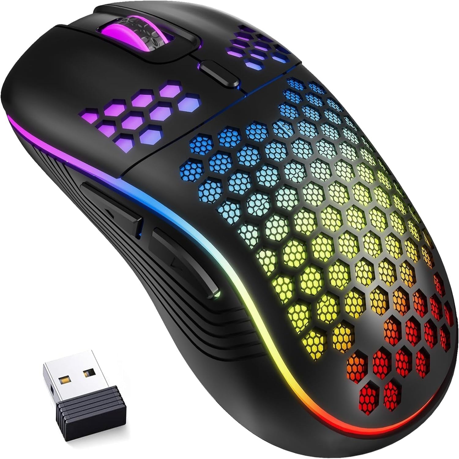 Wireless Gaming Mouse Honeycomb 2.4G USB Cordless Mouse RGB Rechargeable PC Game Mice with 7-Color LED Lights，4 Adjustable DPI for Windows Laptop Desktop Computers -Black
